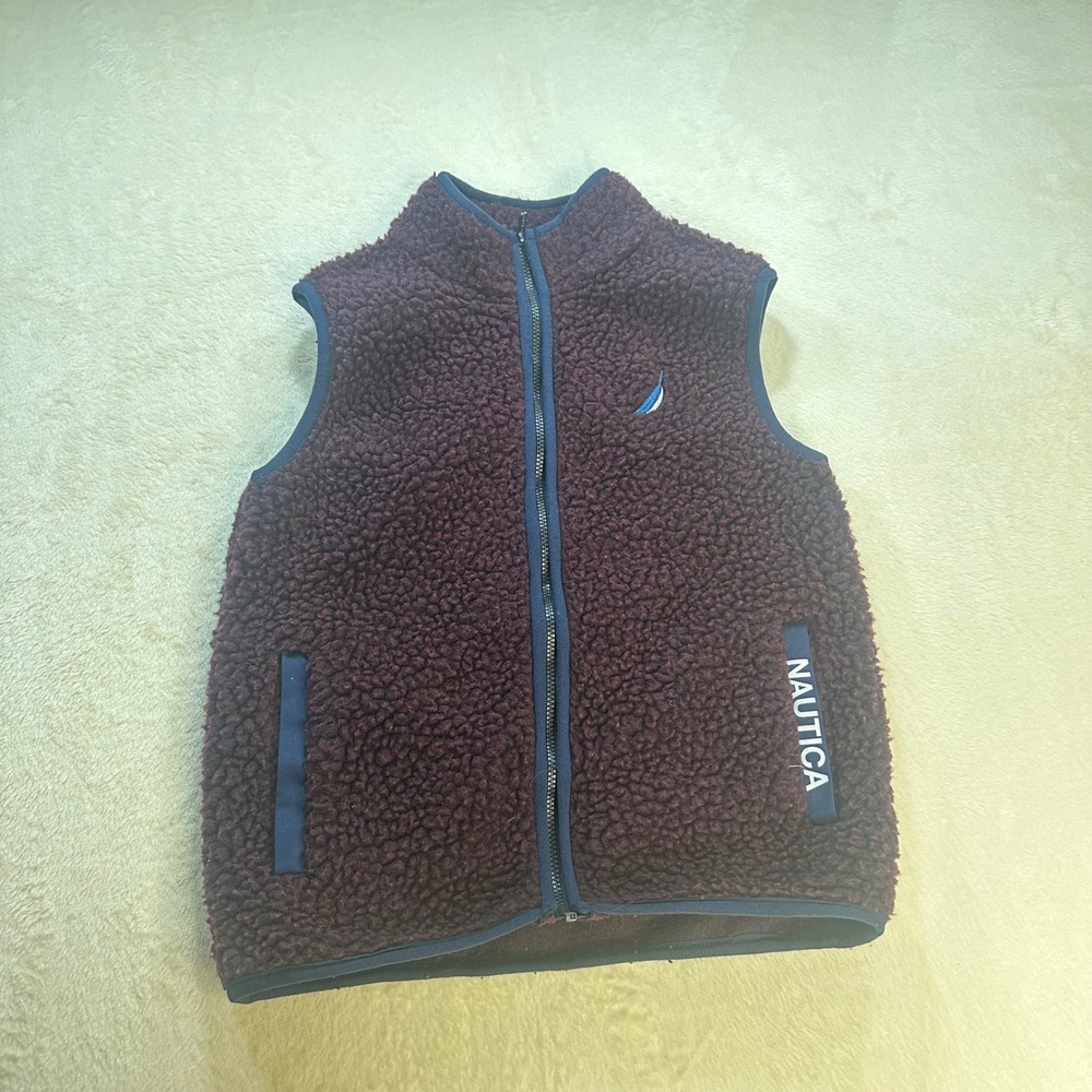 Nautica Boys Sherpa Fleece Vest Burgundy Maroon Full Zip Mock Neck Size 6